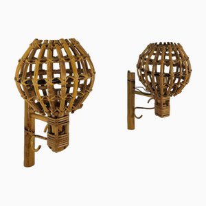 Wall Lamps in Rattan and Bamboo in the style of Louis Dreams by Louis Sognot, France, 1960s, Set of 4