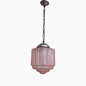 Lampada da soffitto Art Déco vintage con metallo argentato e paralume in vetro rosa, anni '30