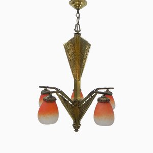 Art Deco Brass Hanging Lamp with 5 Pates De Verre Shades, 1930s