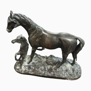 Horse and Its Bronze Foal Figurine in Bronze, 1920s