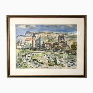 Pressac, Landscape, 1960s, Watercolor on Paper, Framed