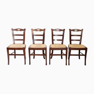 Chaises de Salle à Manger Antique en Merisier avec Siège en Paille, Set de 4