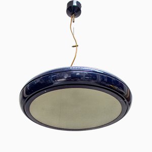 Lampada da soffitto in metallo laccato blu e vetro, anni '60
