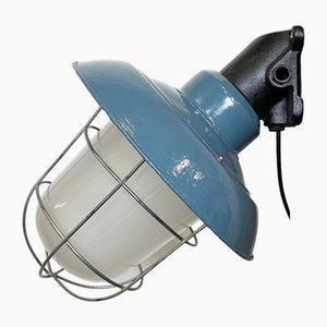 Industrial Blue Painted Factory Wall Cage Lamp from Elektrosvit, 1960s