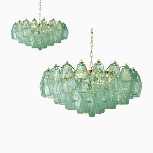 Poliedro Murano Glass Green Chandeliers with Gold Metal Frame by Simoeng, Set of 2
