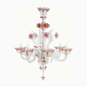 Lámpara de araña veneciana de 6 luces de cristal de Murano blanco y rosa, años 60