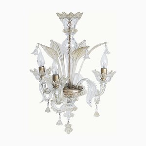 Lampadario Veneziano piccolo in vetro soffiato bianco e oro 14 carati