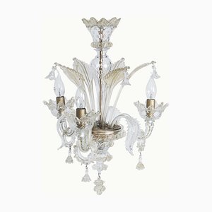 Lámpara de araña veneciana pequeña de vidrio soplado blanco y oro de 14 kt