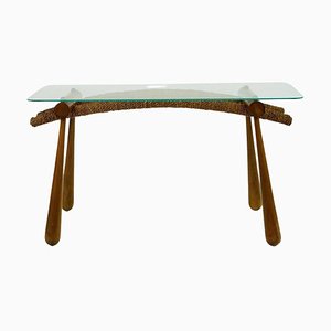 Mesa auxiliar austriaca Mid-Century de haya con tablero de vidrio y cordón de Max Kment, años 50