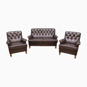 Mid-Century Chesterfield Living Room Set in Leather, Set of 3