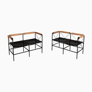 Italian Modern Black Metal and Brown Leather Benches, 1980s, Set of 2