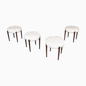 Danish Modern Stools in White Furry Fabric and Wood, 1960s, Set of 4