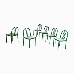 Italian Modern Green Tubular Metal and Grey Straw Stackable Chairs, 1980s, Set of 6