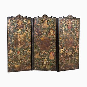Biombo inglés de madera con retratos y collage floral, década de 1800