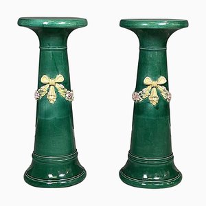 Italian Imperial Style Green Ceramic Columns, 1930s, Set of 2