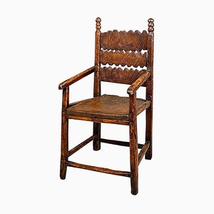 Antique Italian Chair with High Back and Carved Wooden Arms, 1800s