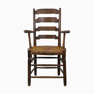 French Wood Oak and Straw Chair with Armrests Decorations, 1890s