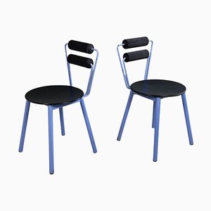 Modern Italian Chairs in Blue Metal, Black Wood and Black Rubber, 1980s, Set of 2