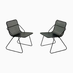 Set of Modern Italian Metal Rod and Perforated Metal Sheet Black Metal Chairs, 1980s