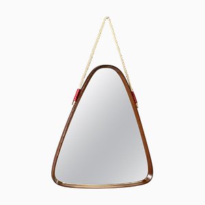 Mid-Century Modern Italian Wood Triangular Wall Mirror with Cord, 1960s