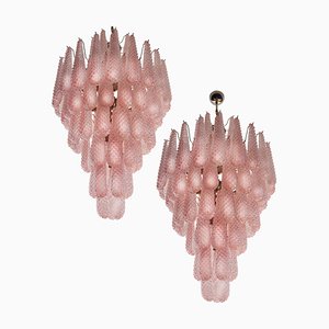 Lampadari con foglie rosa in vetro di Murano, anni '90, set di 2