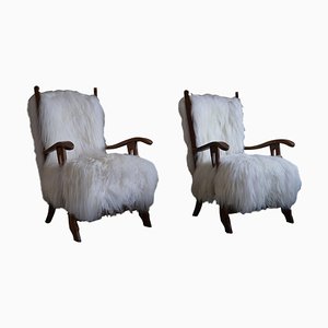 Armchairs in Oak & Longhaired Icelandic Sheepskin by Henning Kjærnulf, 1950s, Set of 2