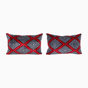 Silk Red Uzbek Ikat Cushion Covers, Set of 2