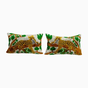Silk Ikat Velvet Animal Cushion Covers with Tree Design, Set of 2