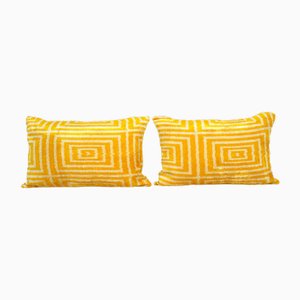 Yellow Silk Ikat Velvet Cushion Covesr, Set of 2