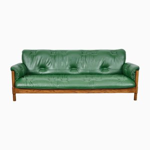Mid-Century 3-Sitzer Sofa aus Grünem Leder & Eiche im Stil von Jean Gillon, Deutschland, 1970er