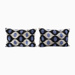 Ikat Velvet & Silk Blue Lumbar Cushion Covers, Set of 2