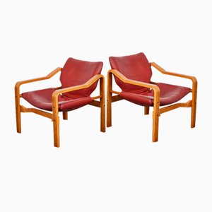 Vintage Leather and Plywood Andy Armchairs by Janos Bodnar, Hungary, 1977, Set of 2