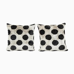 Black Polka Dot Silk Ikat Velvet Cushion Cover, Set of 2