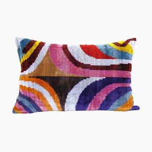 Colorful Silk Ikat Velvet Cushion with Asymmetric Design