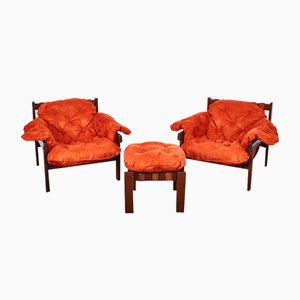 Mid-Century Suede Leather Armchairs and Ottoman in the style of Percival Lafer, 1970s, Set of 3
