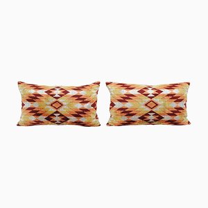 Ikat Velvet Cushion Covers with Kilim Design, Set of 2