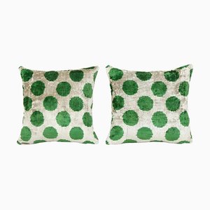 Housses de Coussin en Velours Ikat de Soie Vert, Set de 2