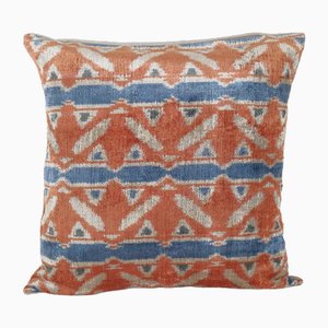 Quadratischer Ikat Samt Kissenbezug in Apricot & Blau, 2010er