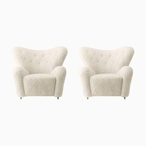 Set of Off White Sheepskin the Tired Man Lounge Chair by Lassen