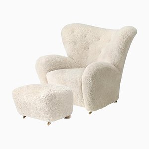 Set of Off White Sheepskin the Tired Man Lounge Chair and Footstool by Lassen