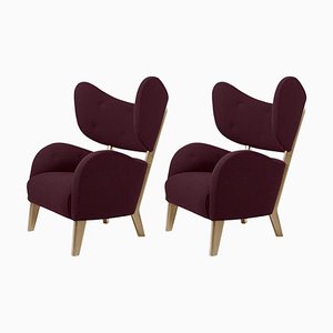 Set of Maroon Raf Simons Vidar 3 Natural Oak My Own Lounge Chair by Lassen