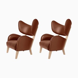 Set of Brown Leather Natural Oak My Own Chair Lounge Chairs by Lassen