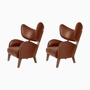 Set of Brown Leather Smoked Oak My Own Chair Lounge Chairs by Lassen
