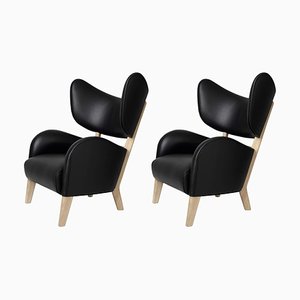 Set of Black Leather Natural Oak My Own Chair Lounge Chairs by Lassen