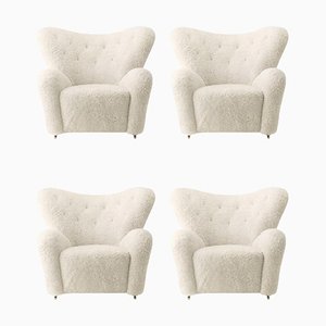 Off White Sheepskin the Tired Man Lounge Chair by Lassen, Set of 4