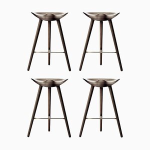SBrown Oak and Brass Counter Stools by Lassen, Set of 4