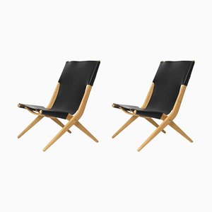 Natural Oiled Oak and Black Leather Saxe Chairs by Lassen, Set of 2