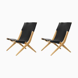 Set of Natural Oiled Oak and Black Leather Saxe Chairs by Lassen