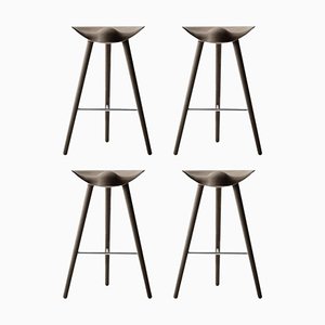Brown Oak and Stainless Steel Bar Stools by Lassen, Set of 4