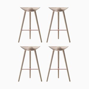 Taburetes de bar de roble y cobre de Lassen. Juego de 4
